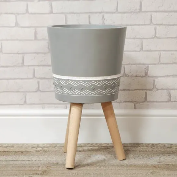Half Patterned Plant Pot - Grey, Fibre Clay