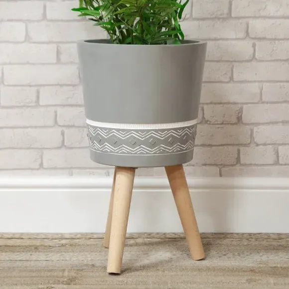 Half Patterned Plant Pot - Grey, Fibre Clay