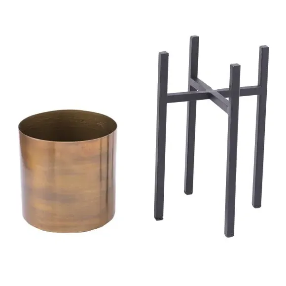 Set of 2 Plant Pots with Stands - Gold, Metal