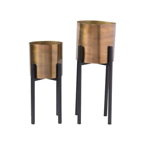 Set of 2 Plant Pots with Stands - Gold, Metal image