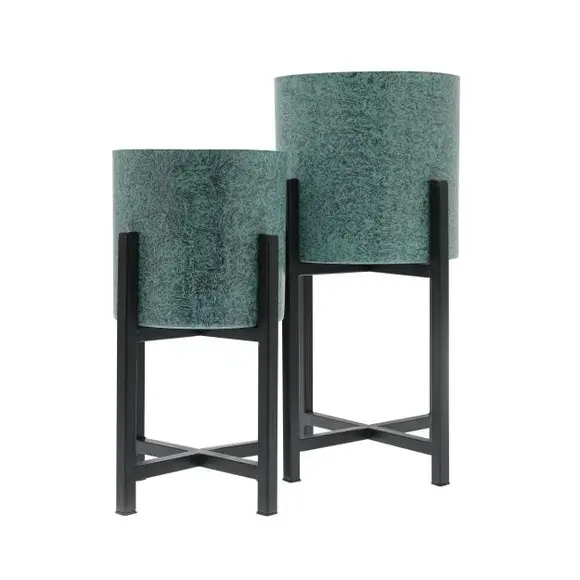 Set of 2 Plant Pots with Stands - Green, Metal