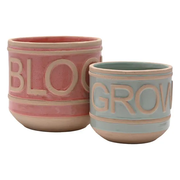 Set of 2 Plant Pots with Text - Multicolor, Ceramic