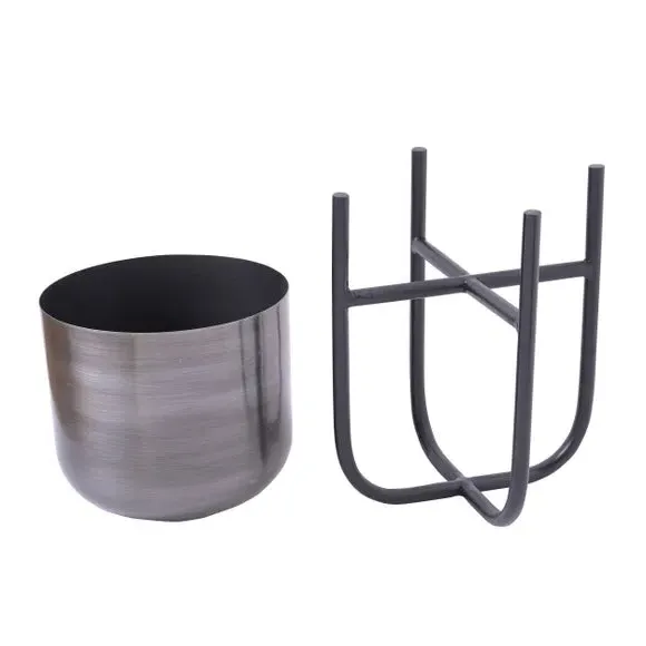 Set of 3 Plant Pots with Stands - Pewter, Metal