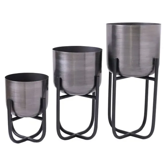 Set of 3 Plant Pots with Stands - Pewter, Metal image