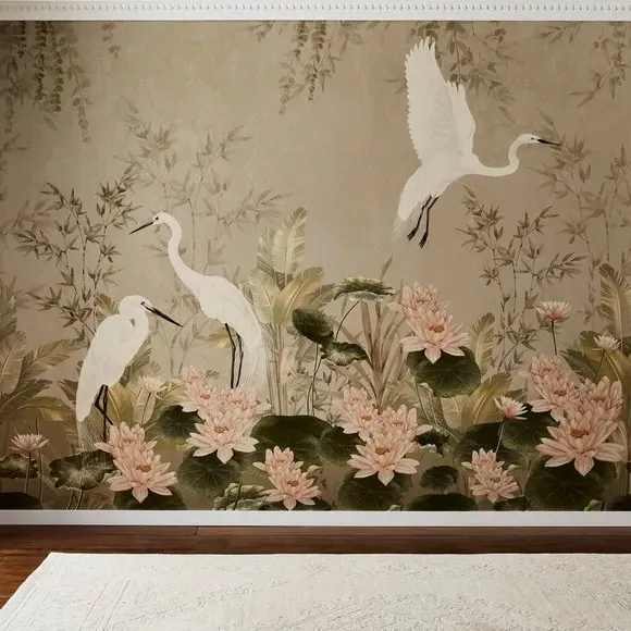Crane Wall Mural with Pearlescent Finish - Natural