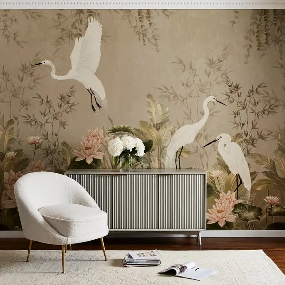 Crane Wall Mural with Pearlescent Finish - Natural