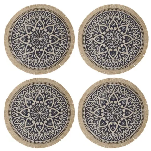 Set of 4 Placemats Mandala Pattern - Blue, Jute
