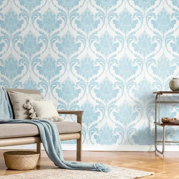 Damask Wallpaper - Blue, Matt Finish image