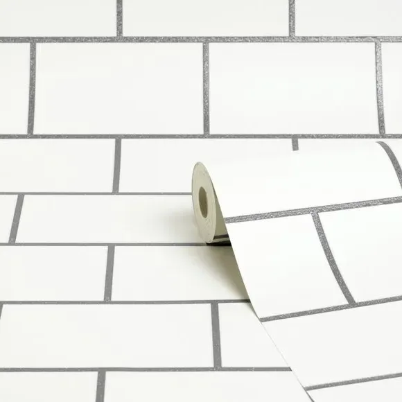 Metro Tile Effect Wallpaper - White, Vinyl