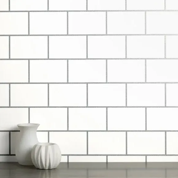 Metro Tile Effect Wallpaper - White, Vinyl