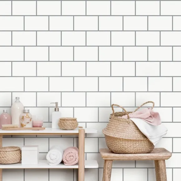 Metro Tile Effect Wallpaper - White, Vinyl image