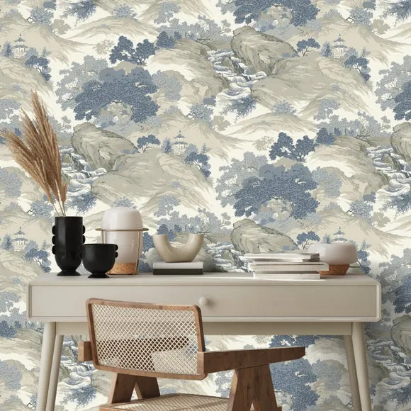 Oriental Landscape Wallpaper - Blue image