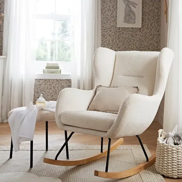 Rocker Chair with Stool Set - Off-White, Boucle