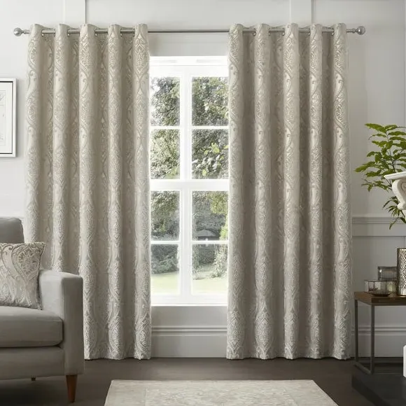 Eyelet Curtains with Damask Pattern - Natural