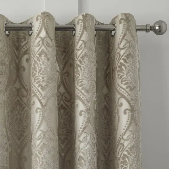 Eyelet Curtains with Damask Pattern - Natural