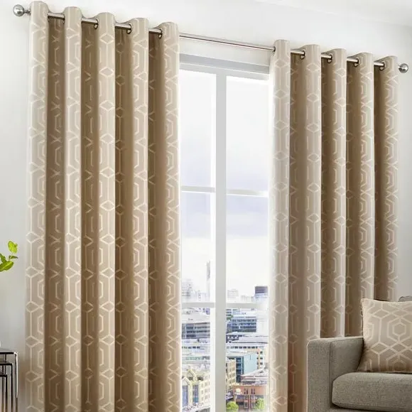 Eyelet Curtains with Geometric Pattern - Stone