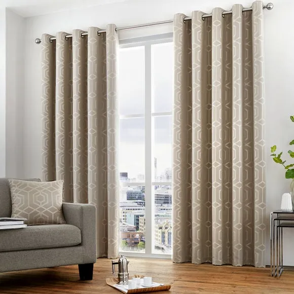 Eyelet Curtains with Geometric Pattern - Stone
