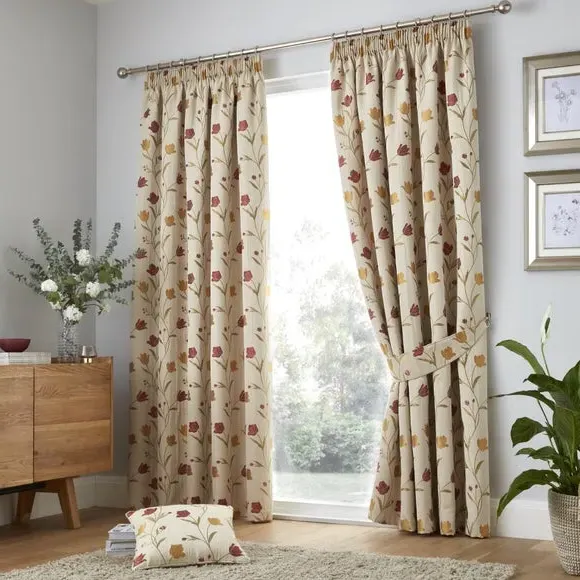 Pencil Pleat Curtains with Floral Design - Natural