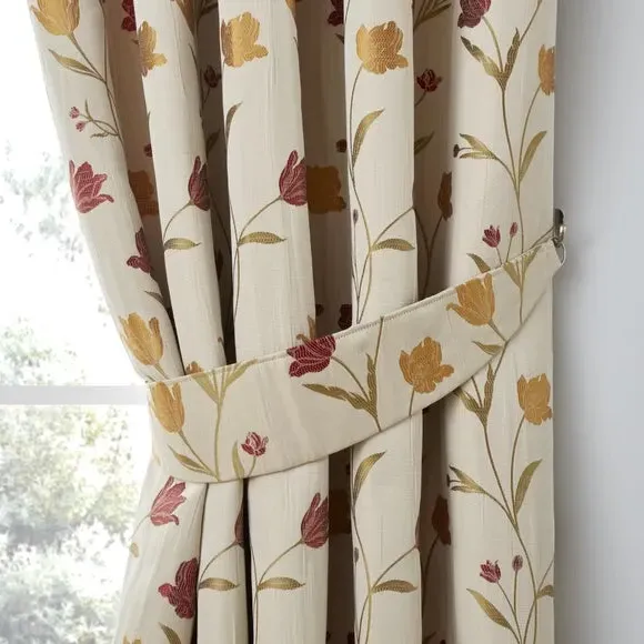 Pencil Pleat Curtains with Floral Design - Natural