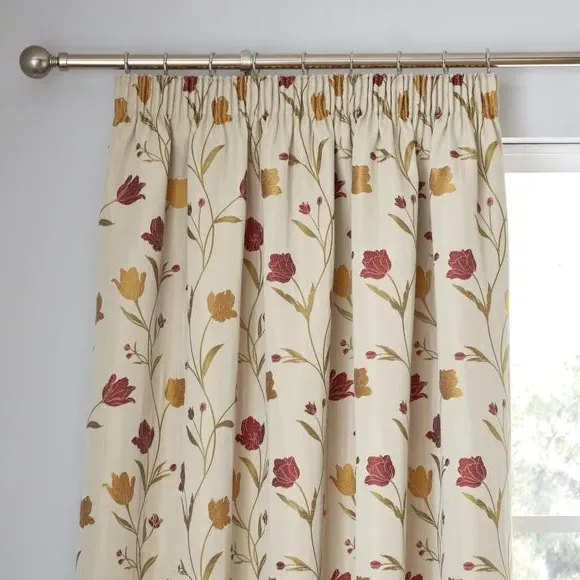 Pencil Pleat Curtains with Floral Design - Natural image