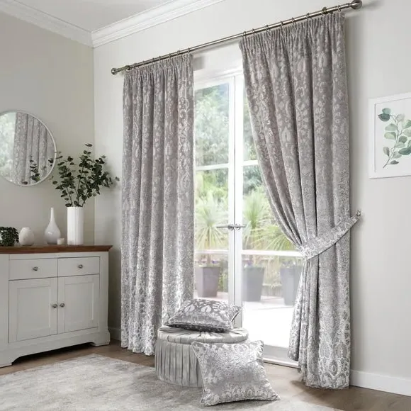 Pencil Pleat Curtains with Lining - Silver, Velvet