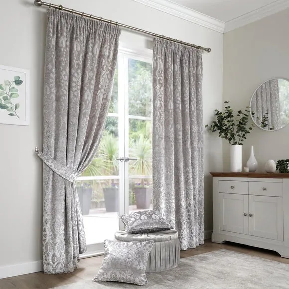 Pencil Pleat Curtains with Lining - Silver, Velvet
