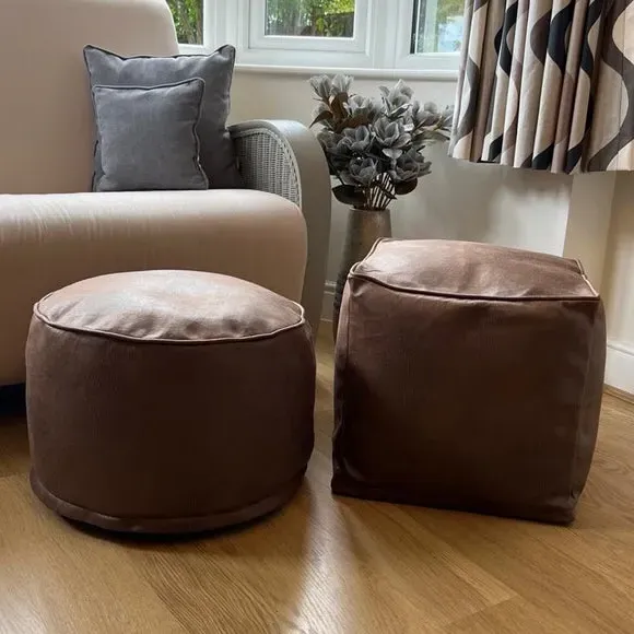 Round Pouffe with Removable Inner - Tan, Faux Leather