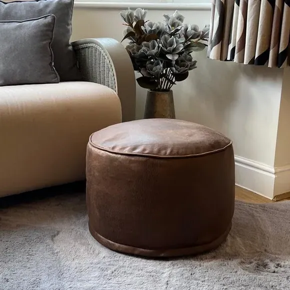 Round Pouffe with Removable Inner - Tan, Faux Leather image