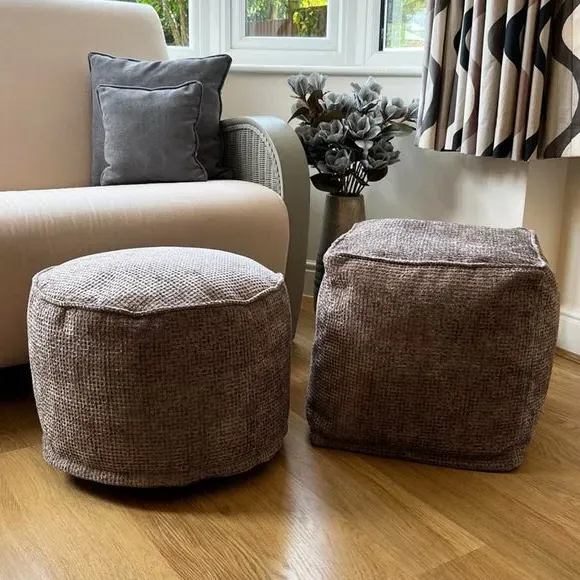 Round Pouffe with Waffle Texture - Brown, Fabric