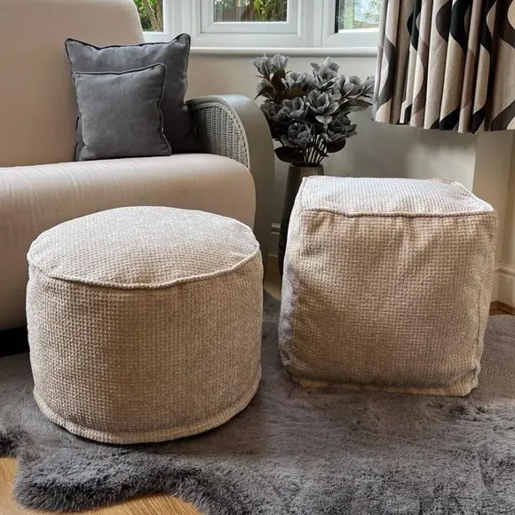 Round Pouffe with Waffle Texture - Cream, Fabric