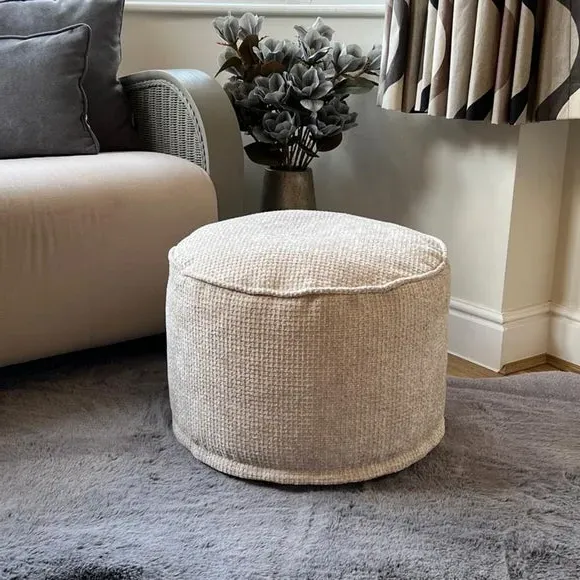 Round Pouffe with Waffle Texture - Cream, Fabric