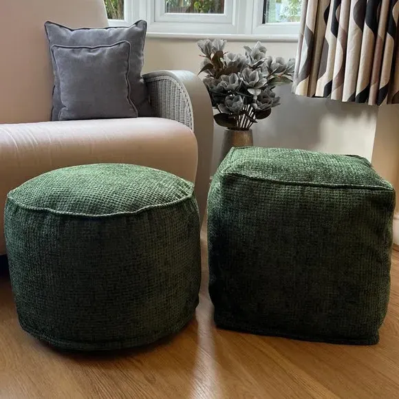 Round Pouffe with Waffle Texture - Green, Fabric