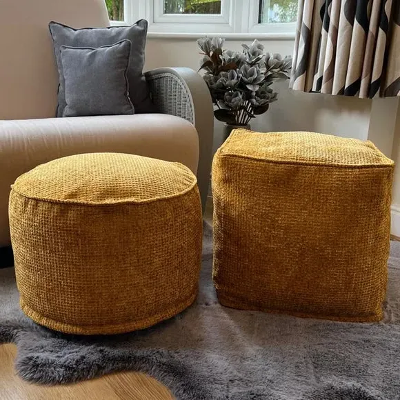 Round Pouffe with Waffle Texture - Yellow, Fabric
