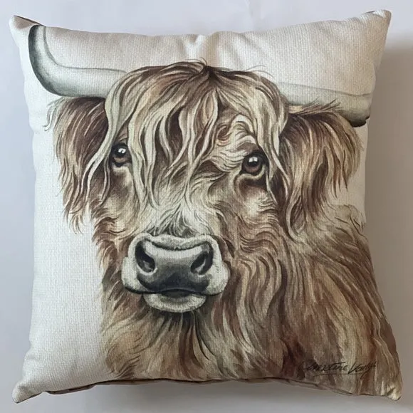 Square Cushion Highland Cow Print - Brown, Polyester