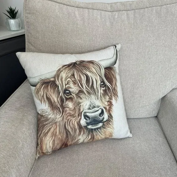 Square Cushion Highland Cow Print - Brown, Polyester