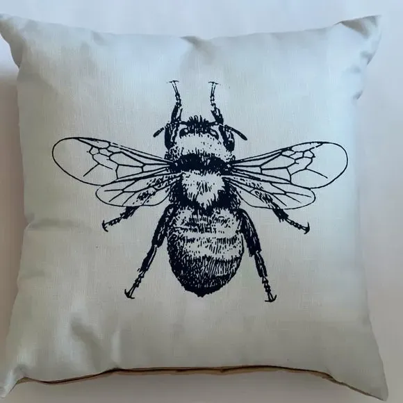 Square Cushion with Bee Print - Grey, Polyester