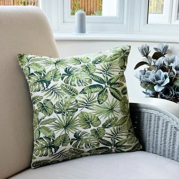 Square Cushion with Botanical Print - Green