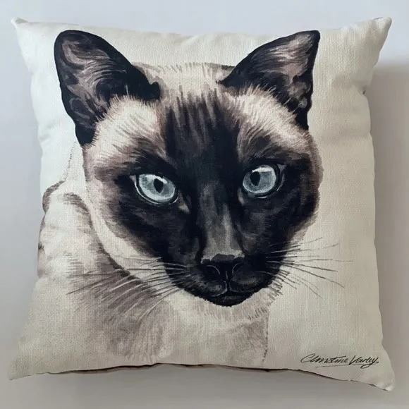 Square Cushion with Cat Print - Black, Polyester
