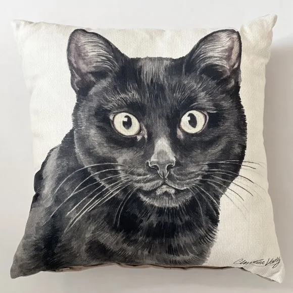 Square Cushion with Cat Print - Black, Polyester