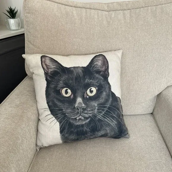 Square Cushion with Cat Print - Black, Polyester