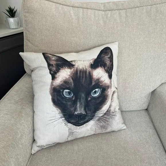 Square Cushion with Cat Print - Black, Polyester image
