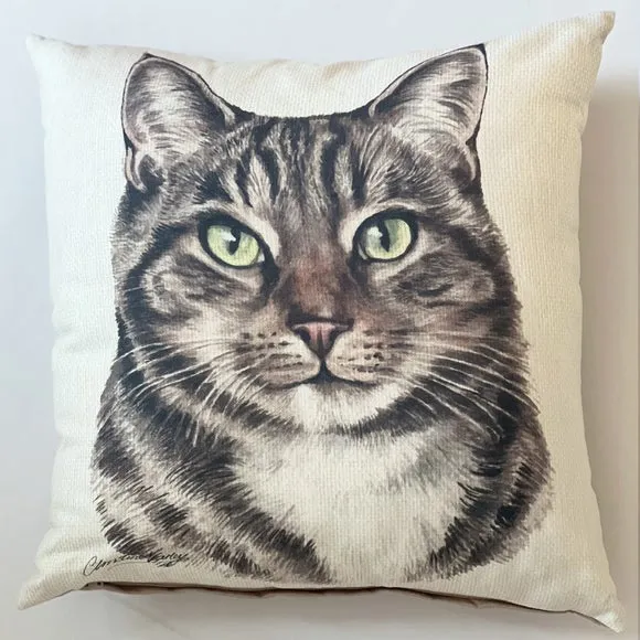 Square Cushion with Cat Print - Brown, Polyester