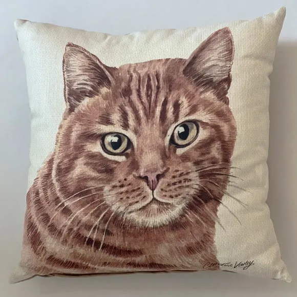 Square Cushion with Cat Print - Orange, Polyester