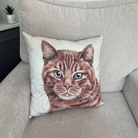 Square Cushion with Cat Print - Orange, Polyester image