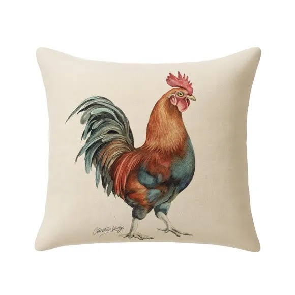 Square Cushion with Cockerel Print - Cream