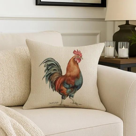 Square Cushion with Cockerel Print - Cream image
