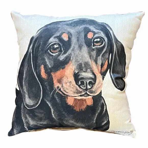 Square Cushion with Dachshund Print - Cream