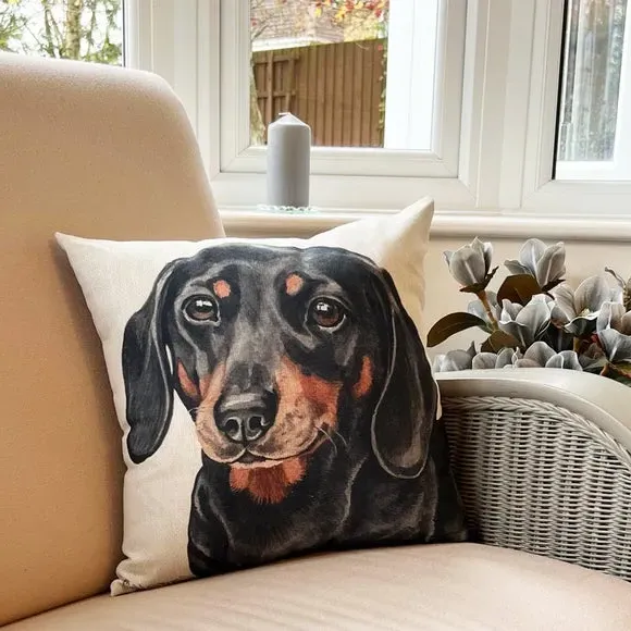 Square Cushion with Dachshund Print - Cream image