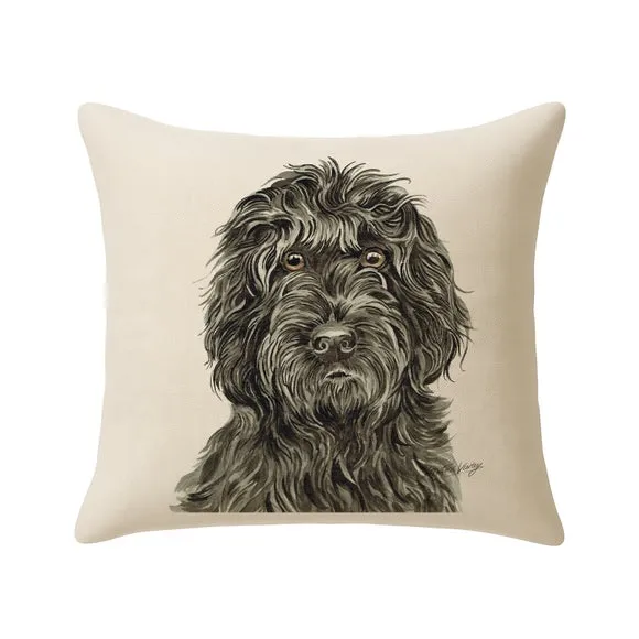 Square Cushion with Dog Design - Cream, Suede