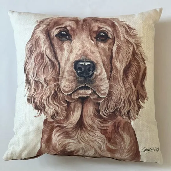 Square Cushion with Dog Print - Brown, Polyester